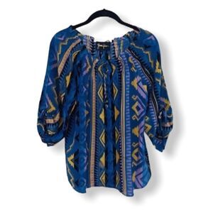 Yumi Kim 100% Silk Geometric Peasant Blouse Blue Mustard Print Size S